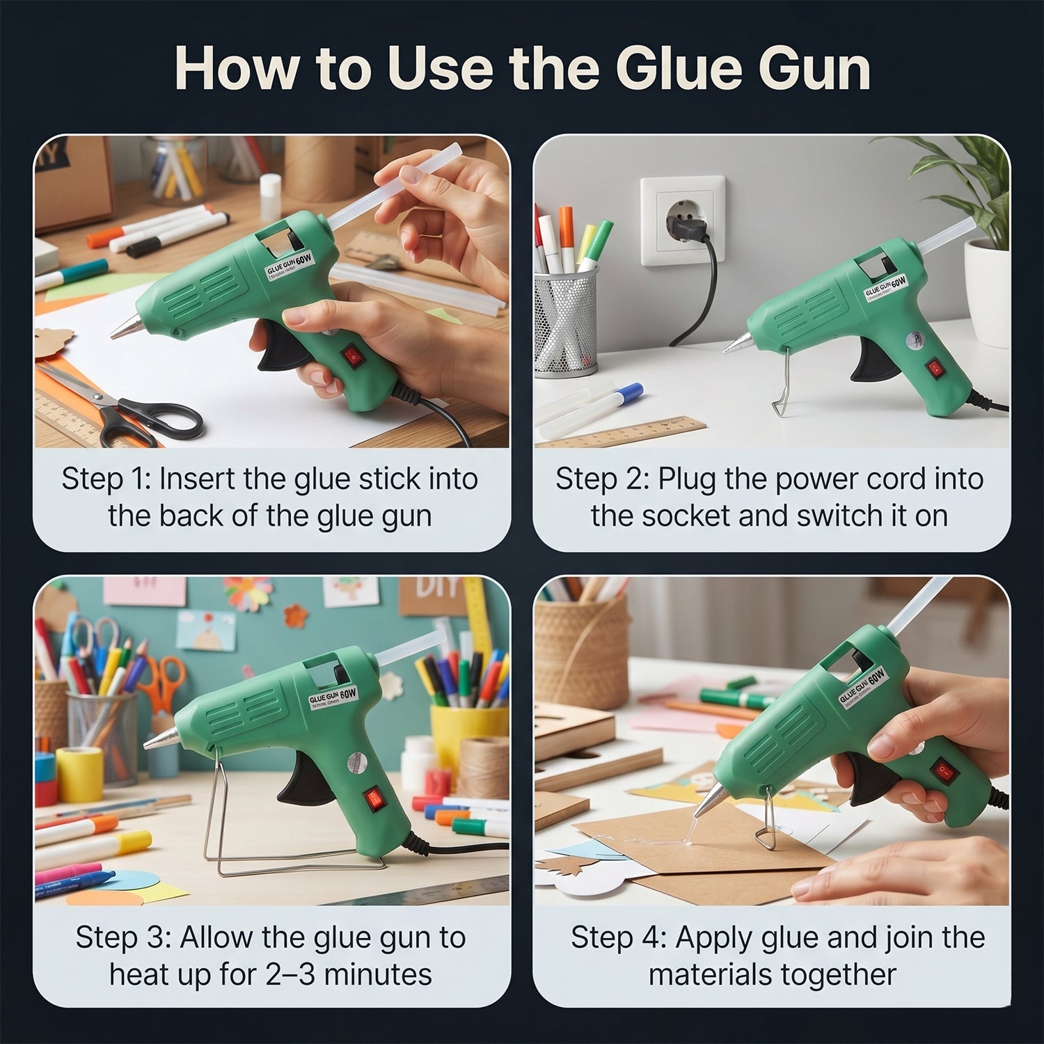 The green 60 Watt hot melt glue gun with a glue stick inserted, ready for use in a craft project.