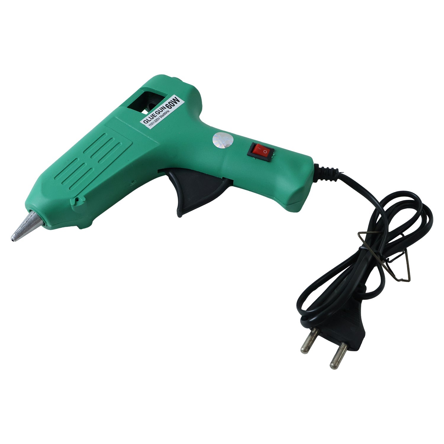 Close up of the green 60 Watt hot melt glue gun nozzle, showing the integrated safety stand.