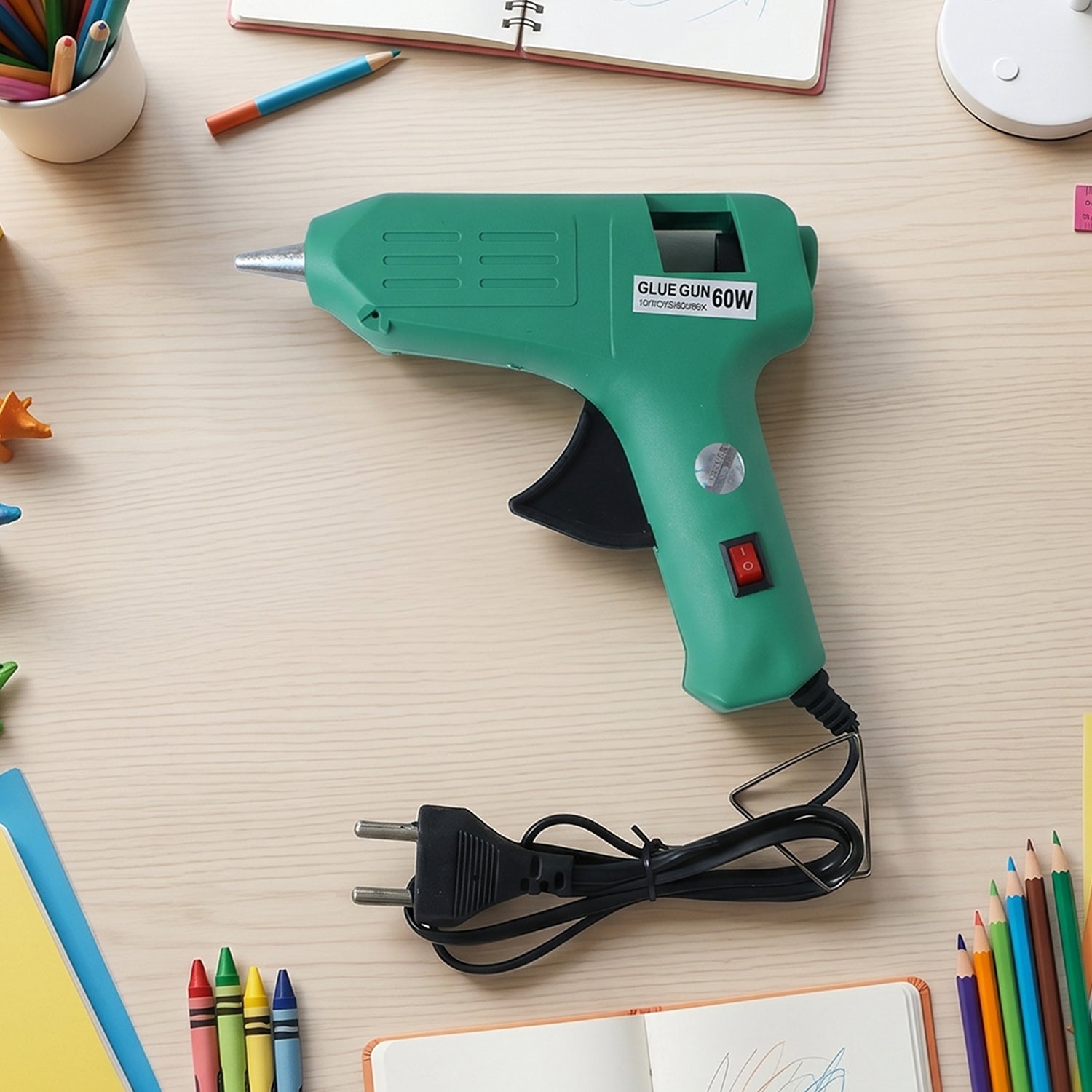 A hand holding the green 60 Watt hot melt glue gun, demonstrating its comfortable grip for DIY projects.