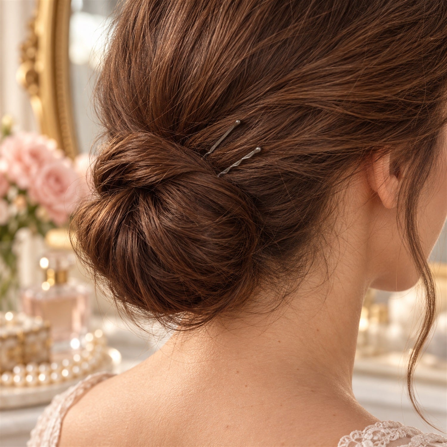 A close-up view from behind shows a woman's brown hair styled in a neat bun, secured with two grey bobby pins.