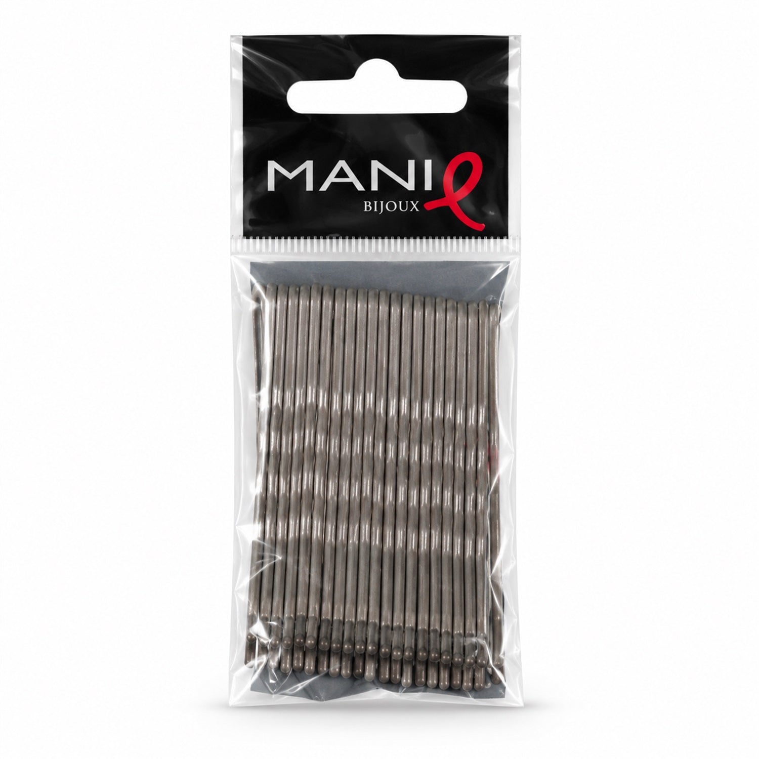 A clear plastic package containing numerous grey metal bobby pins is centered against a plain white background.