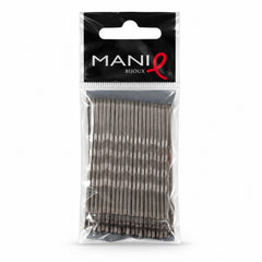 A clear plastic package containing numerous grey metal bobby pins is centered against a plain white background.