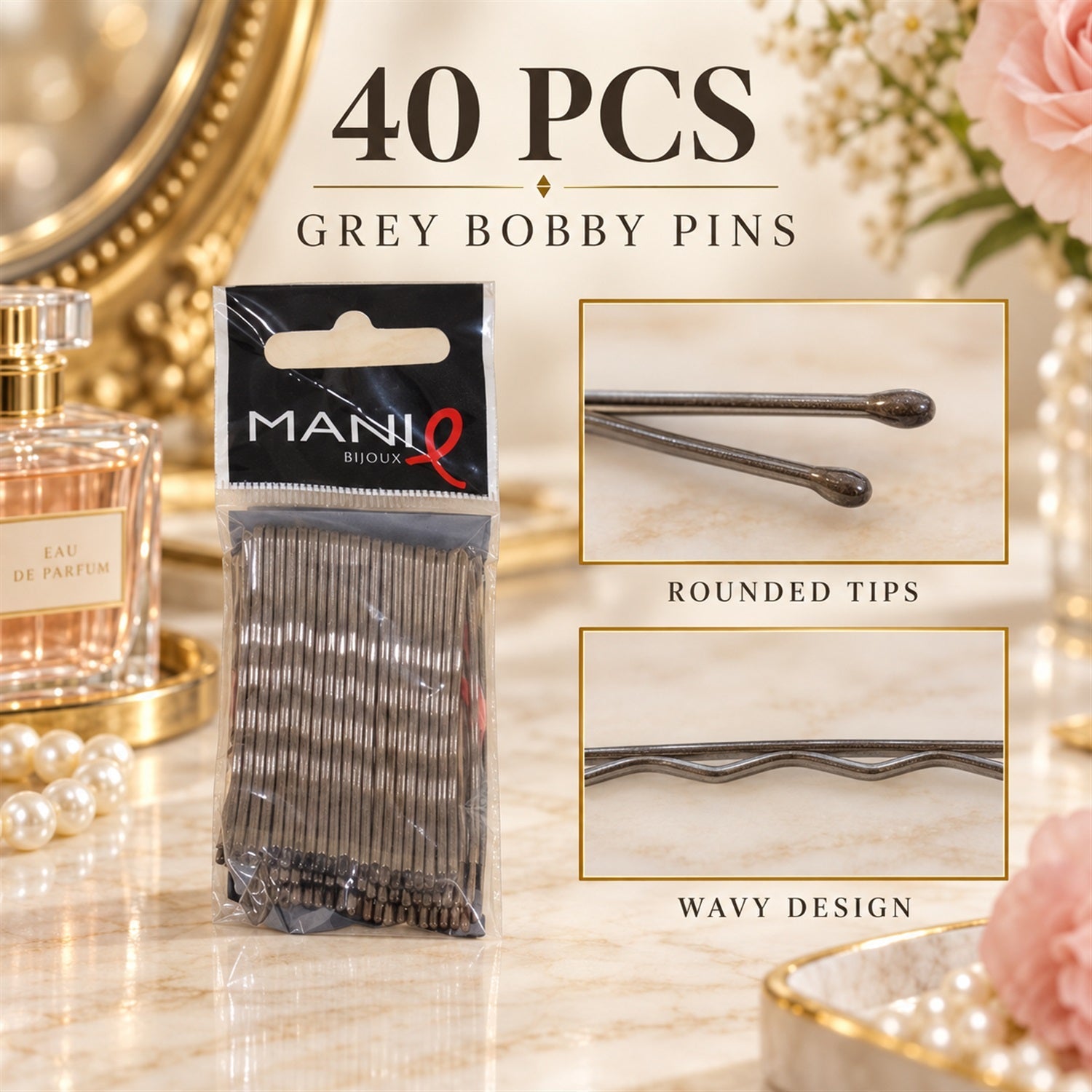 A package of grey bobby pins is shown with close-up insets highlighting the rounded tips and wavy design of the pins.
