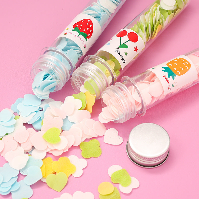 Close view of paper soap strips shaped like flowers