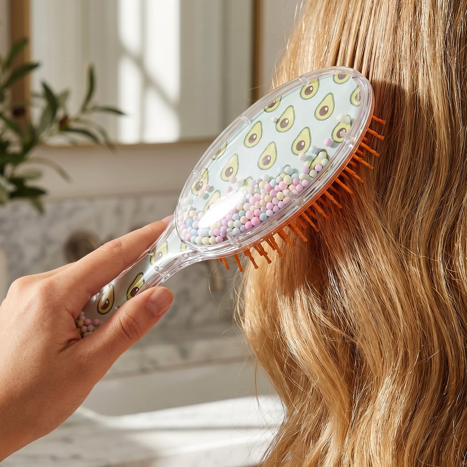 Hair brush showing cushioned base for scalp massage