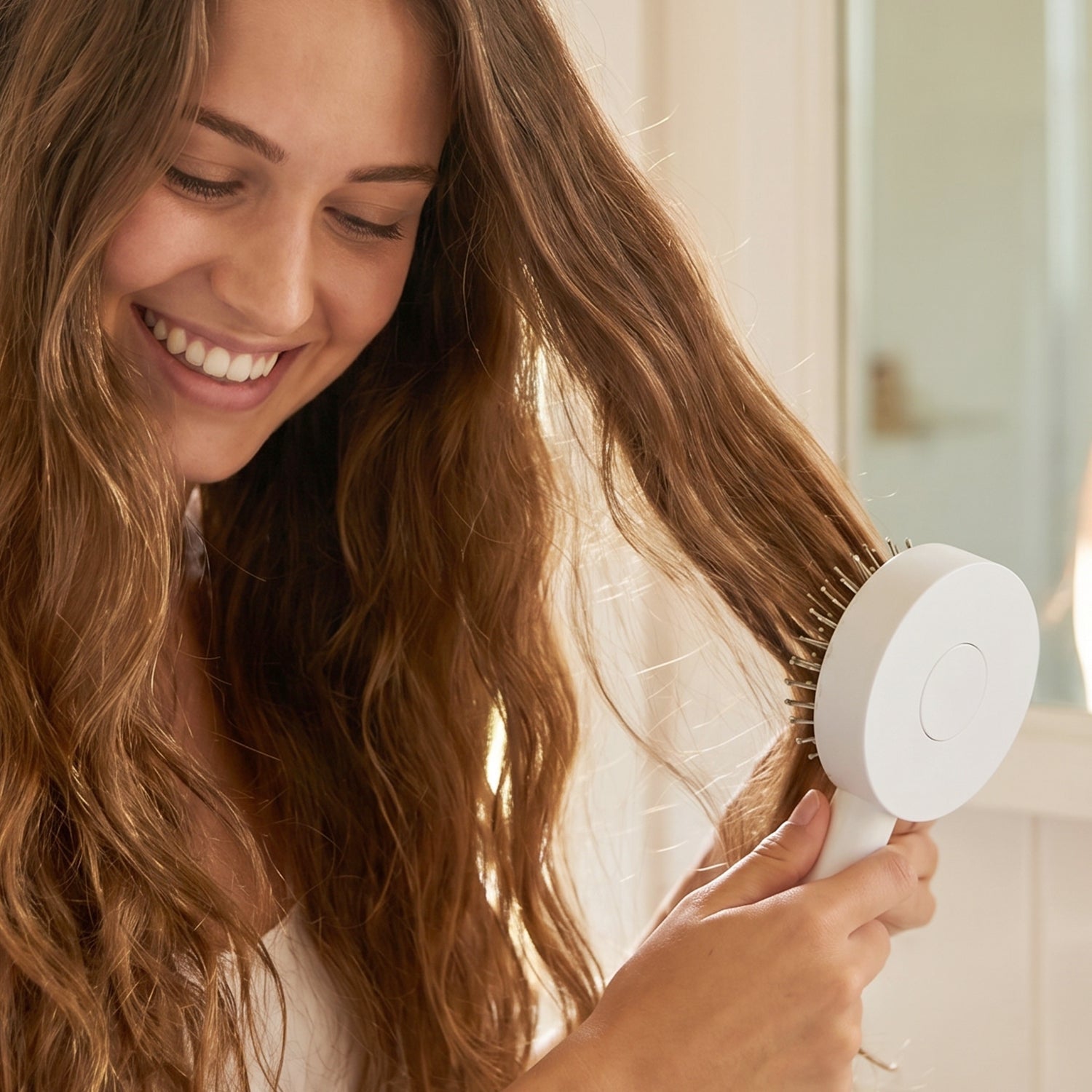Hand pressing button on self-cleaning hair brush to remove hair
