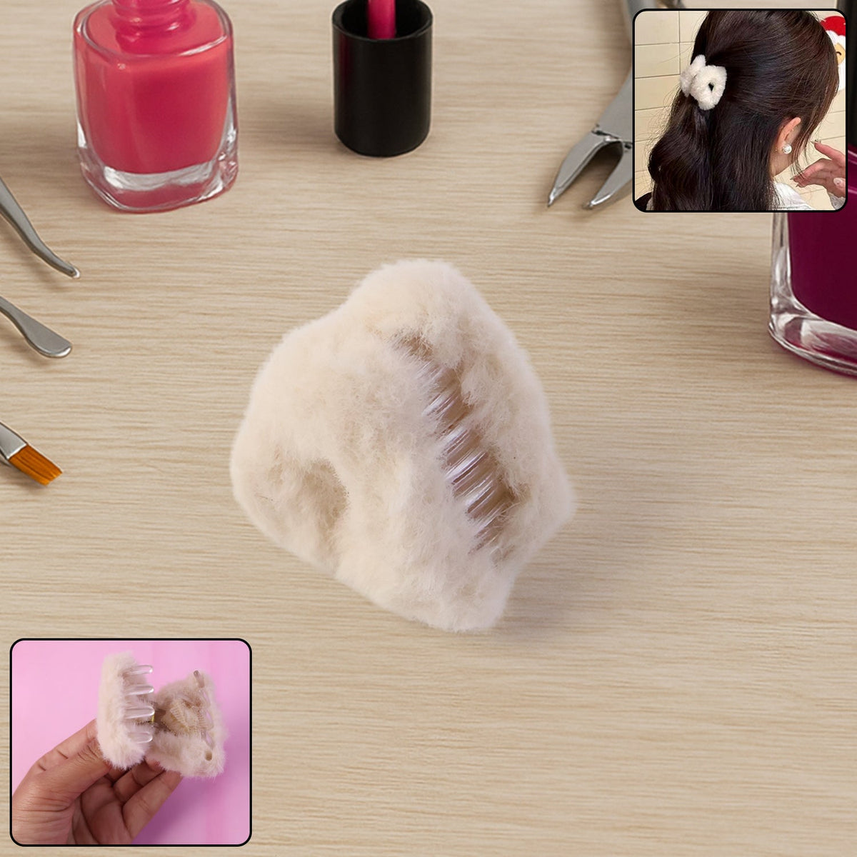 Fluffy plastic hair claw clip on white background