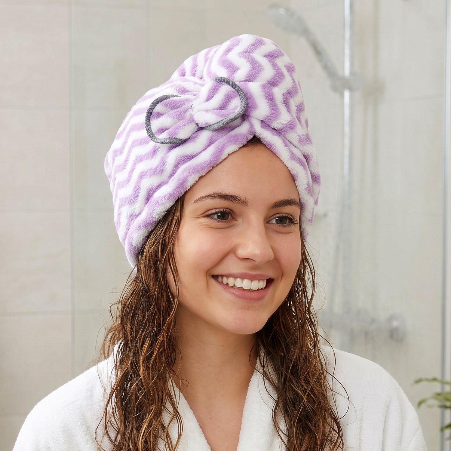 Hair towel wrapped and buttoned after a shower