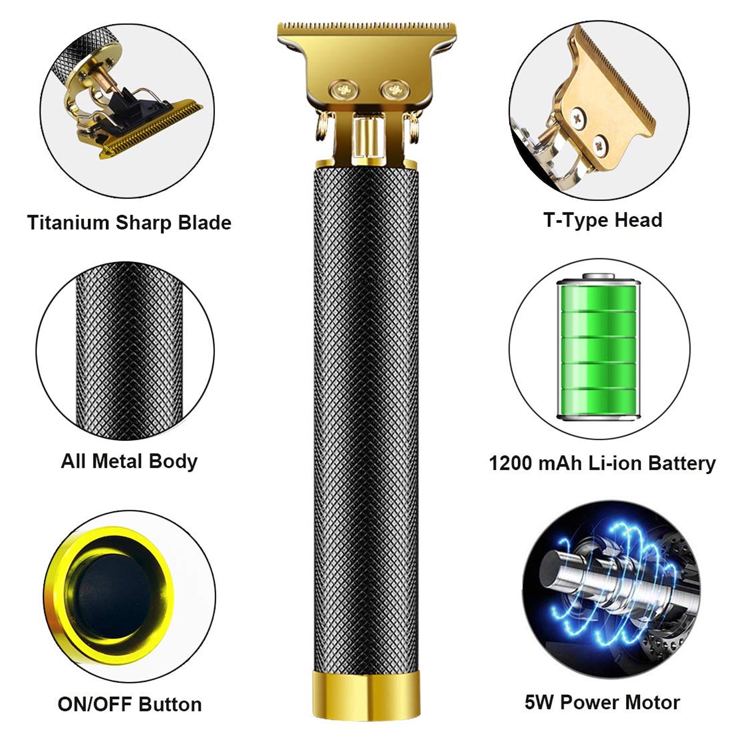The black and gold trimmer is centered with callouts around it detailing its titanium blade, T-type head, metal body,