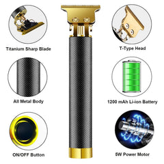 The black and gold trimmer is centered with callouts around it detailing its titanium blade, T-type head, metal body,