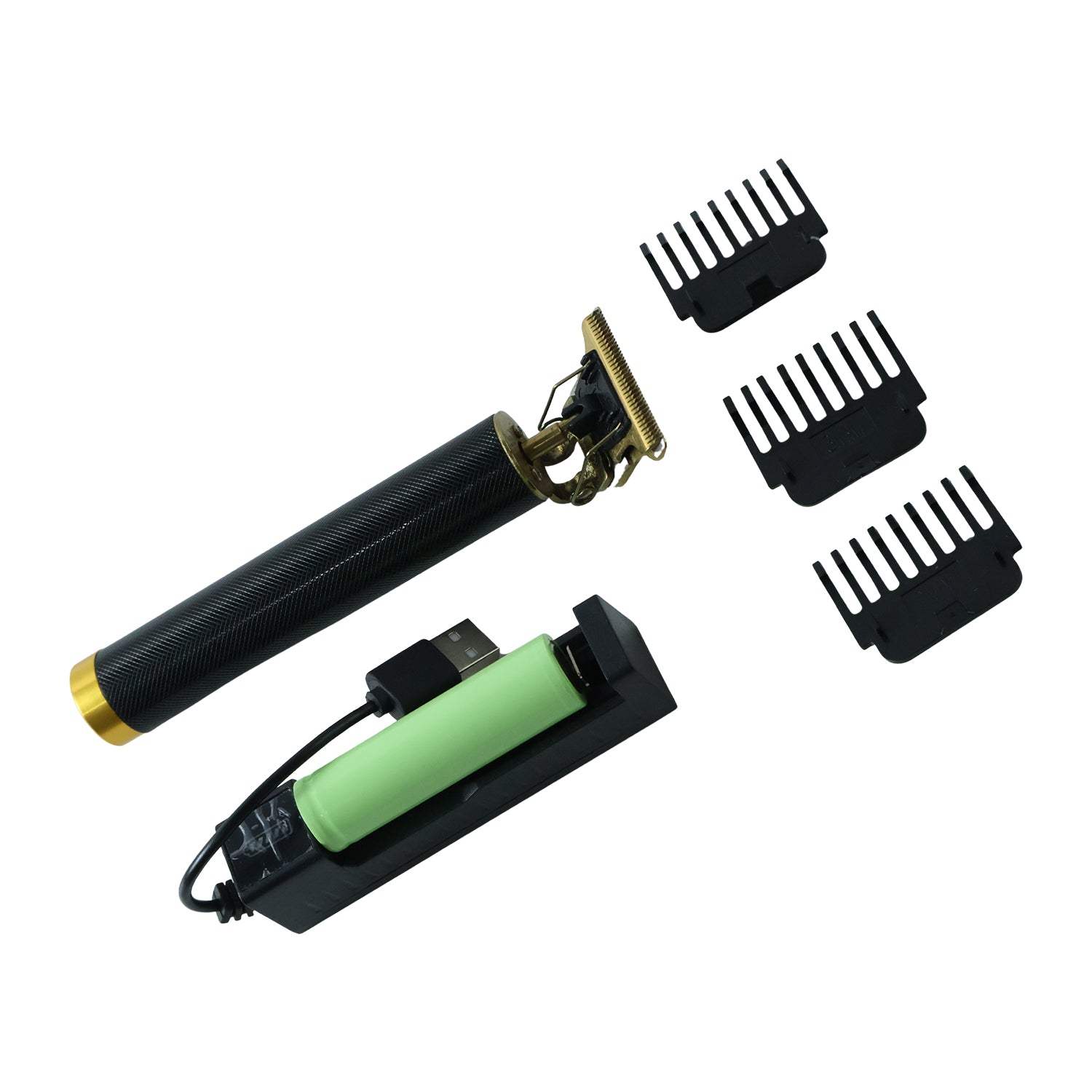 The black and gold hair trimmer, three black comb attachments, and a green battery in a charging dock are laid out on a