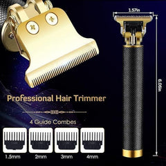 A close-up of the gold trimmer head and the full black and gold trimmer with dimensions and four guide combs below.