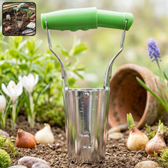 Side view of garden bulb planter with steel body and green handle