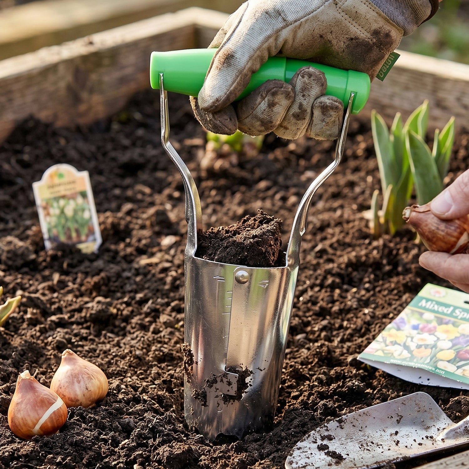 Set of garden bulbs and garden bulb planter in garden setting