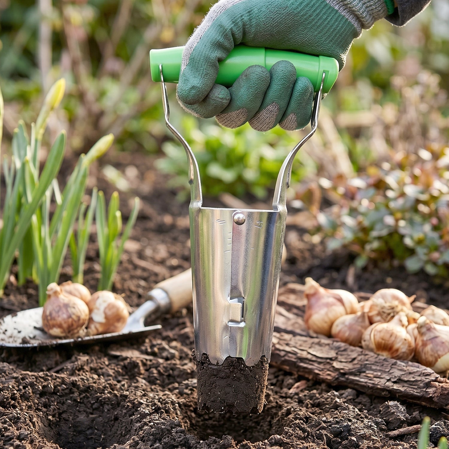 Garden bulb planter ready for use in soil, showing depth markings