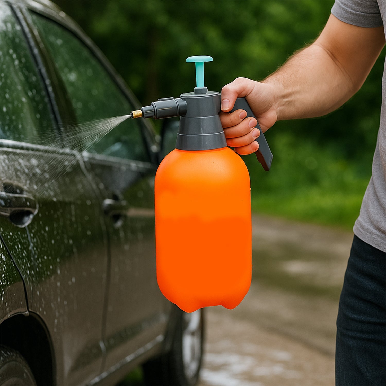 Garden pressure sprayer in outdoor setting