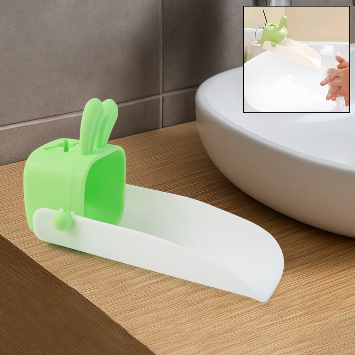 Silicone faucet handle extender in bear design attached to sink faucet