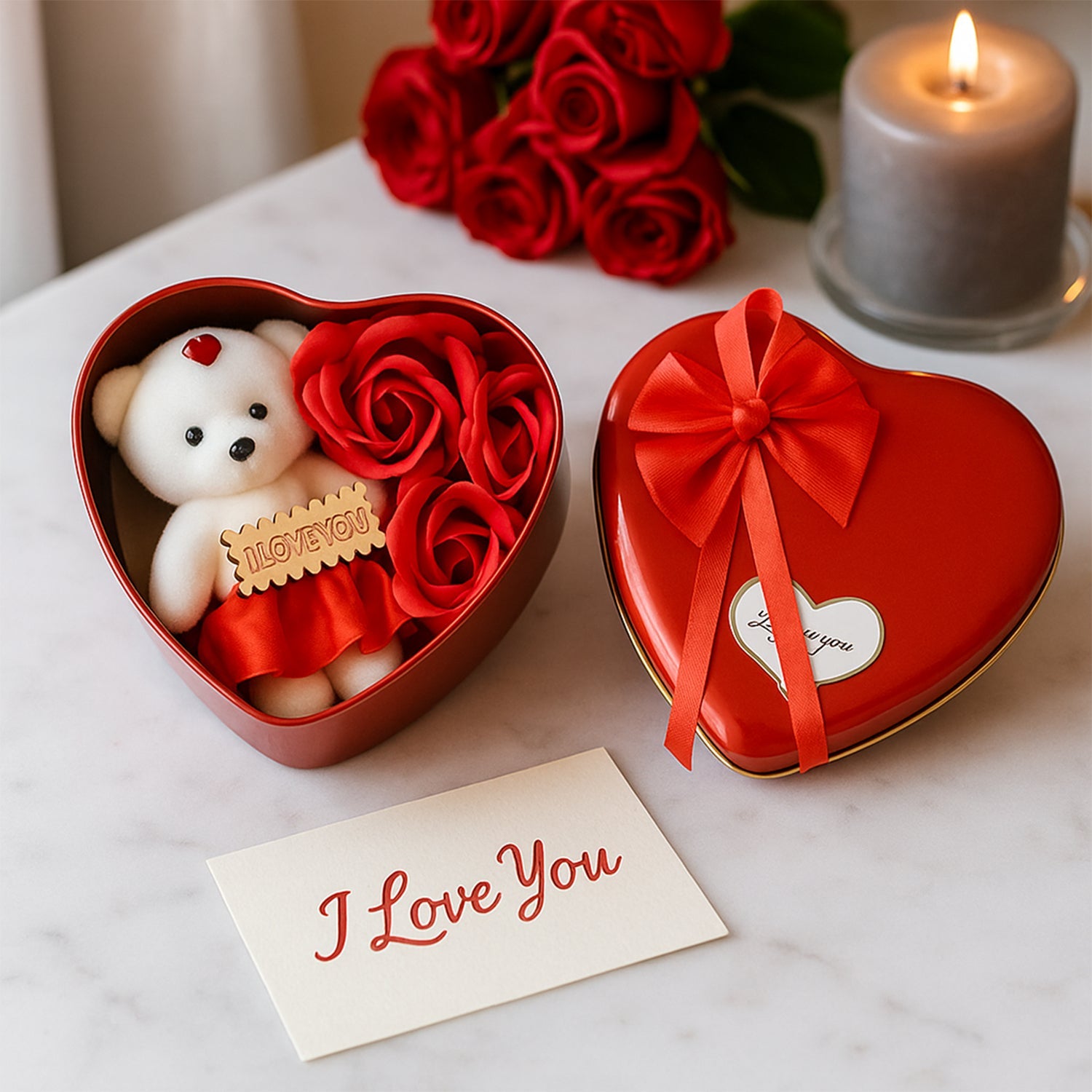 Side view of heart shaped gift box with teddy bear and roses