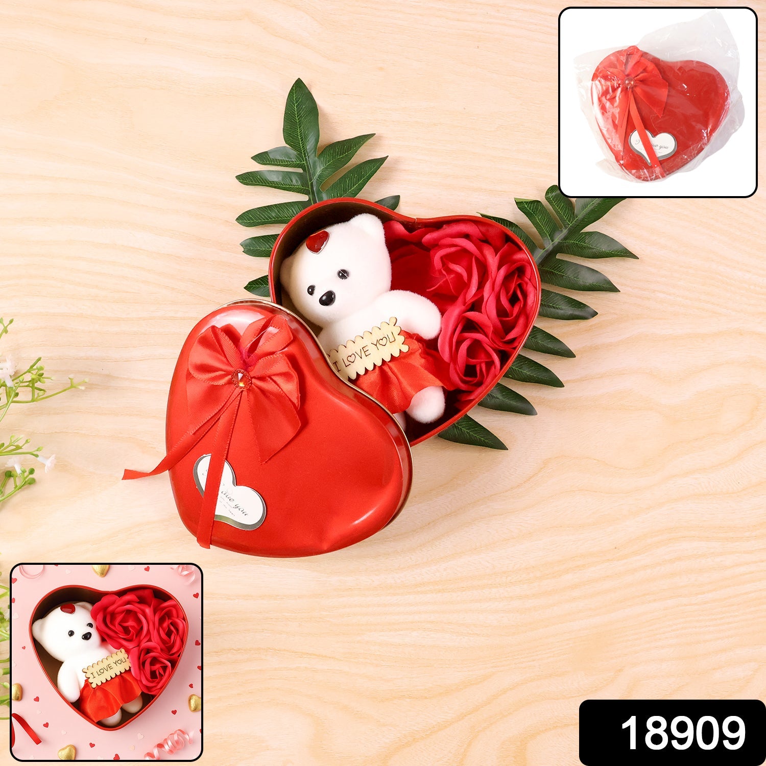 Heart shaped gift box with teddy bear and roses with SKU tag