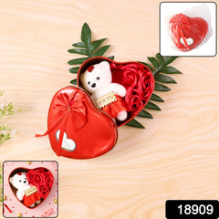 Heart shaped gift box with teddy bear and roses with SKU tag