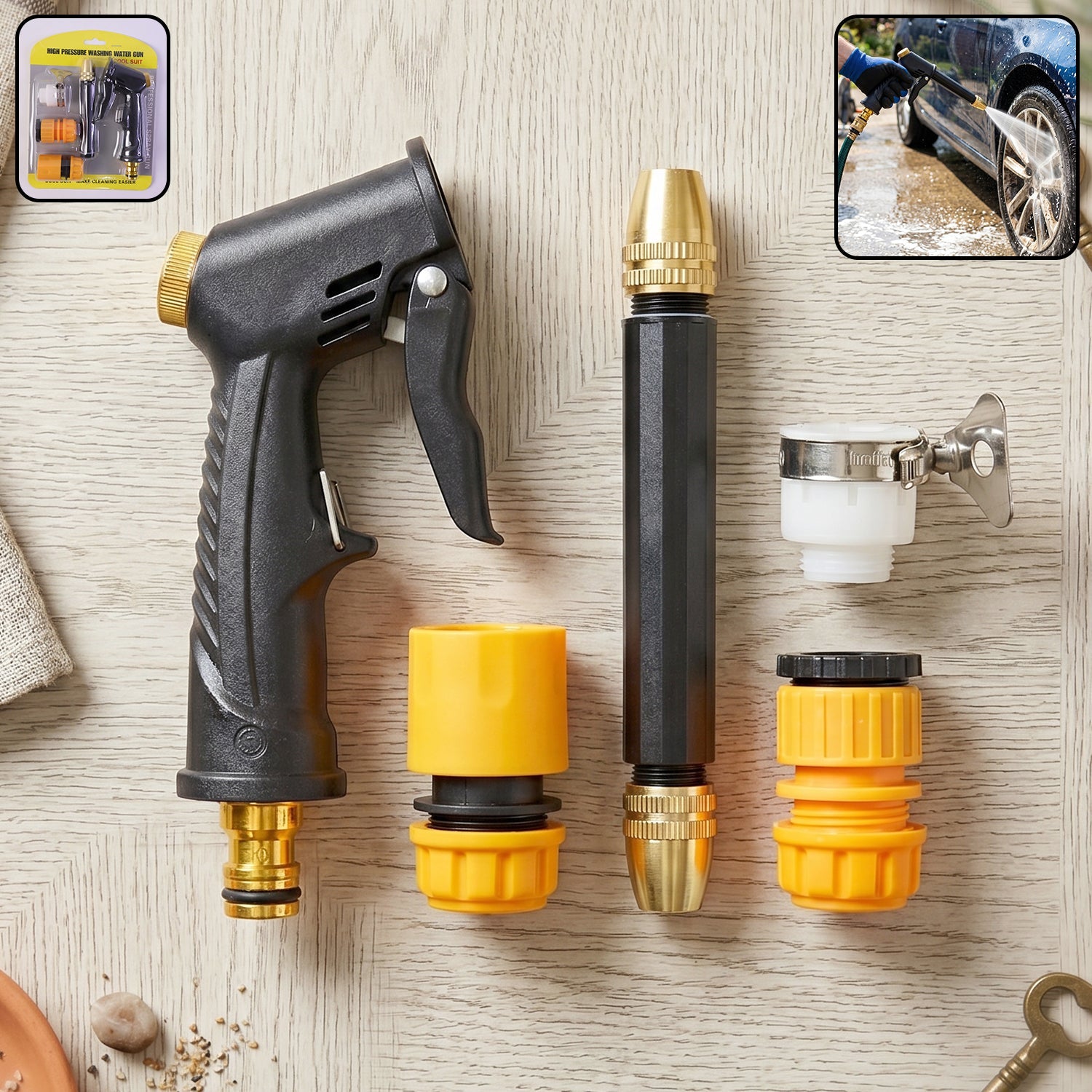 High pressure water spray gun with brass nozzle and extension lance for car and garden cleaning