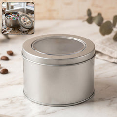 Round metal storage tin box with clear window lid, ideal for organising jewelry and gifts.