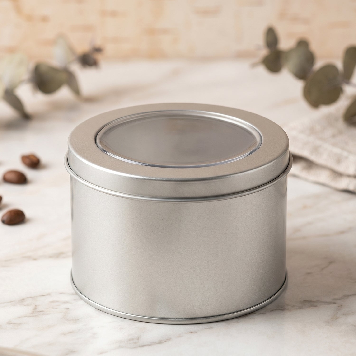 Decorative round metal storage tin with transparent lid, multipurpose storage and gift box.