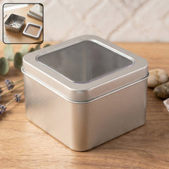 Square metal storage tin box with clear window lid for small items