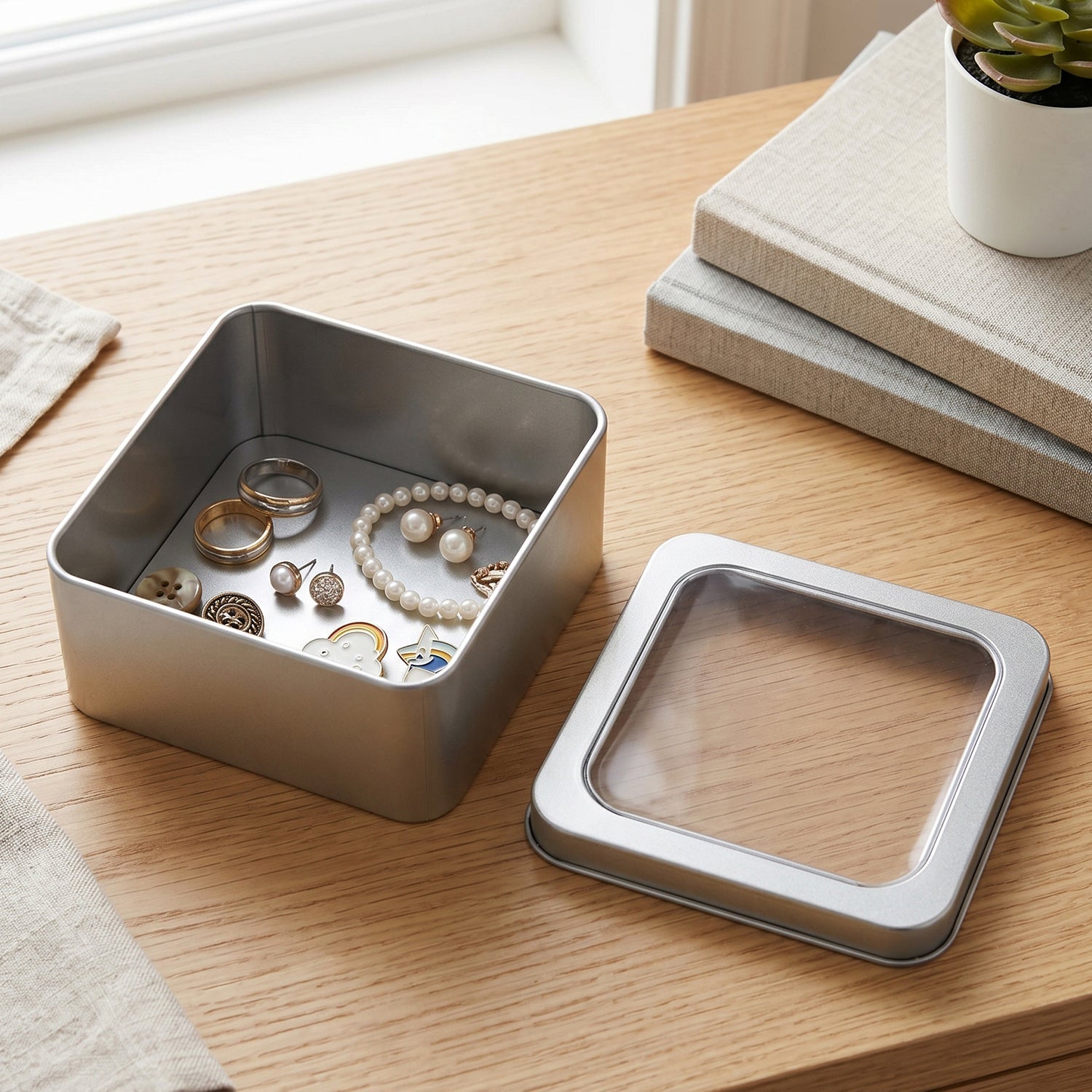 Multi-angle views of square metal storage tin box with secure lid