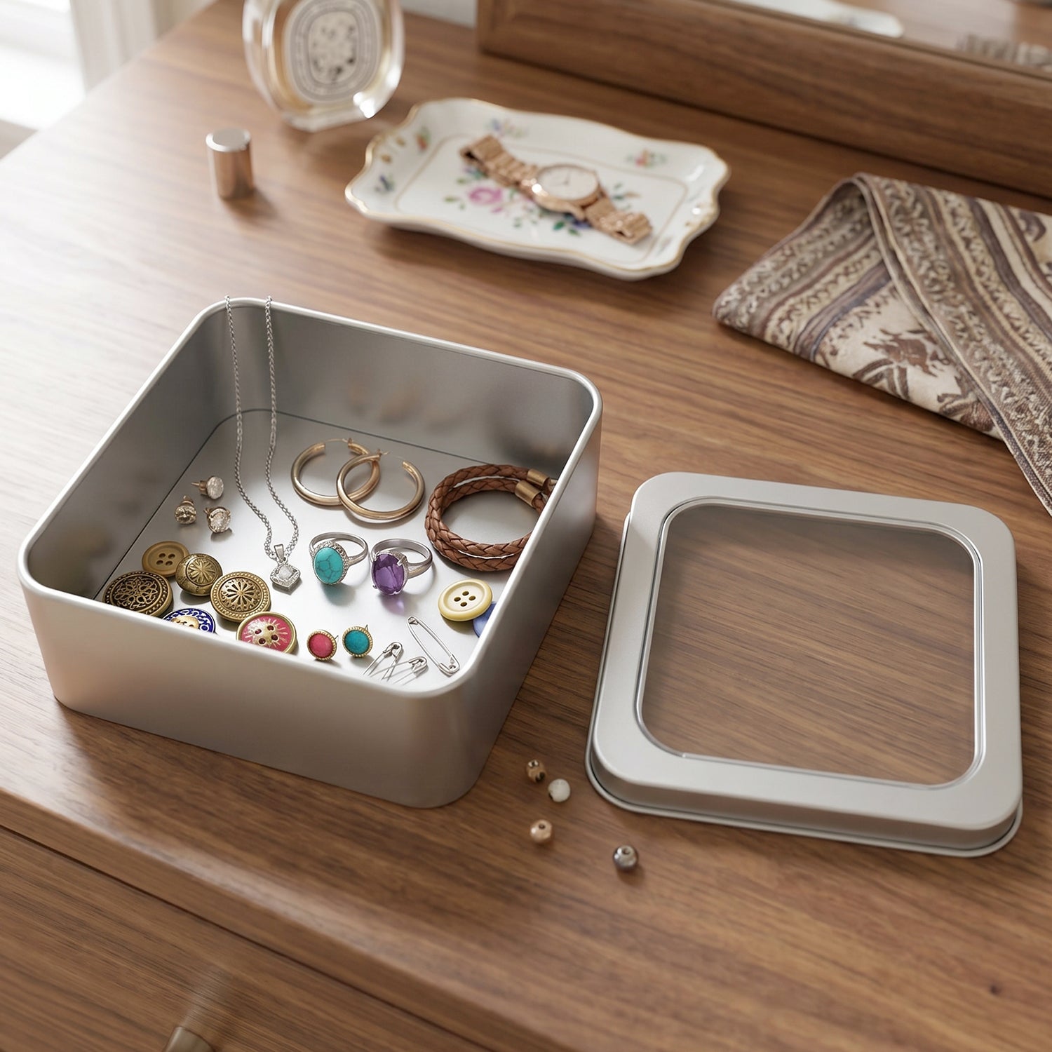Elegant silver storage tin box for gifting and organizing small valuables