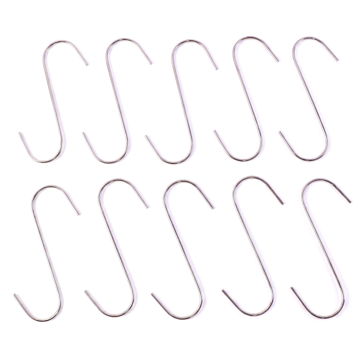 Sturdy metal S hook used for kitchen utensils and garden tools.