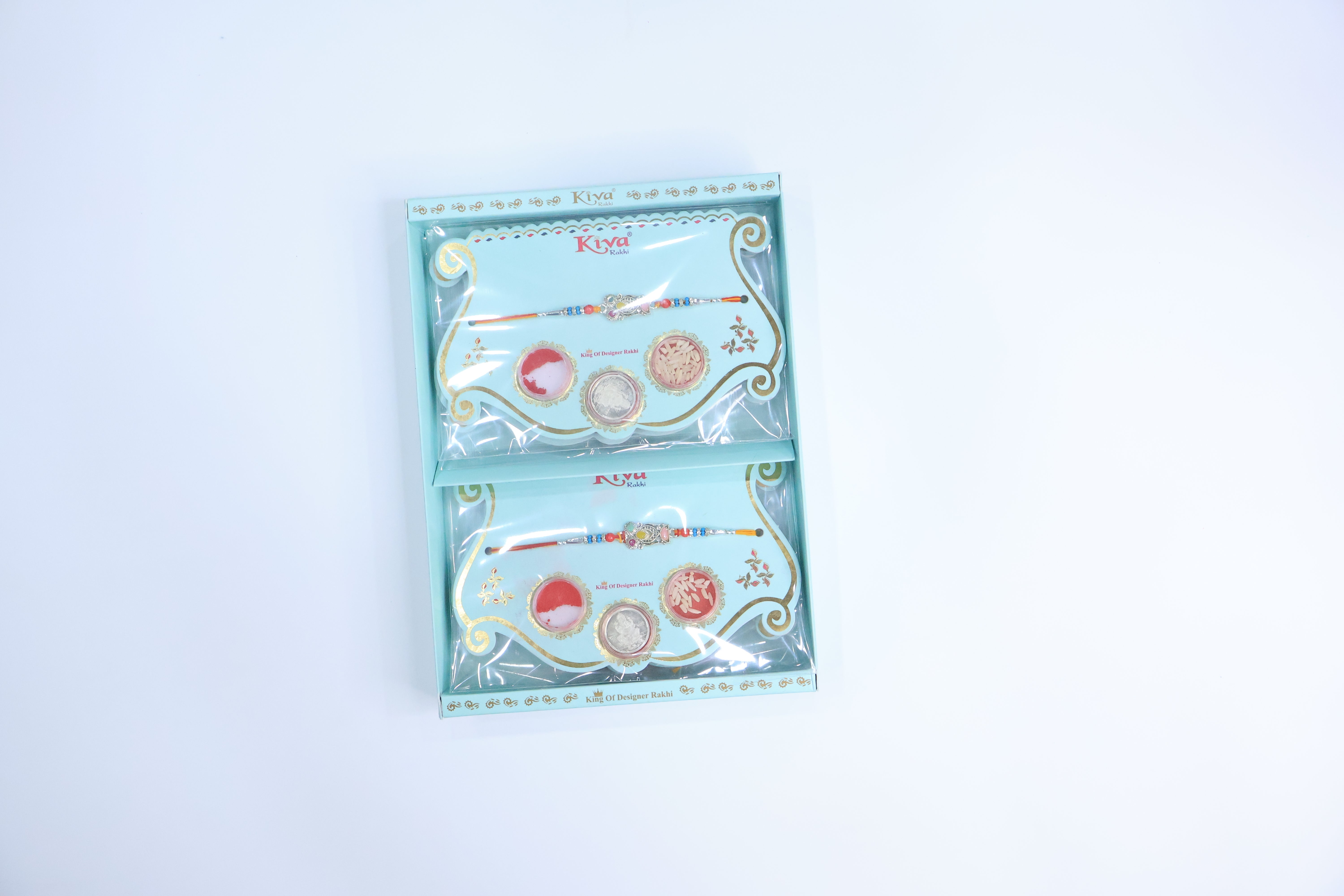 6 Pc Premium Silver Designer Rakhi Set with Multicolor Beads and Traditional Roli Chawal