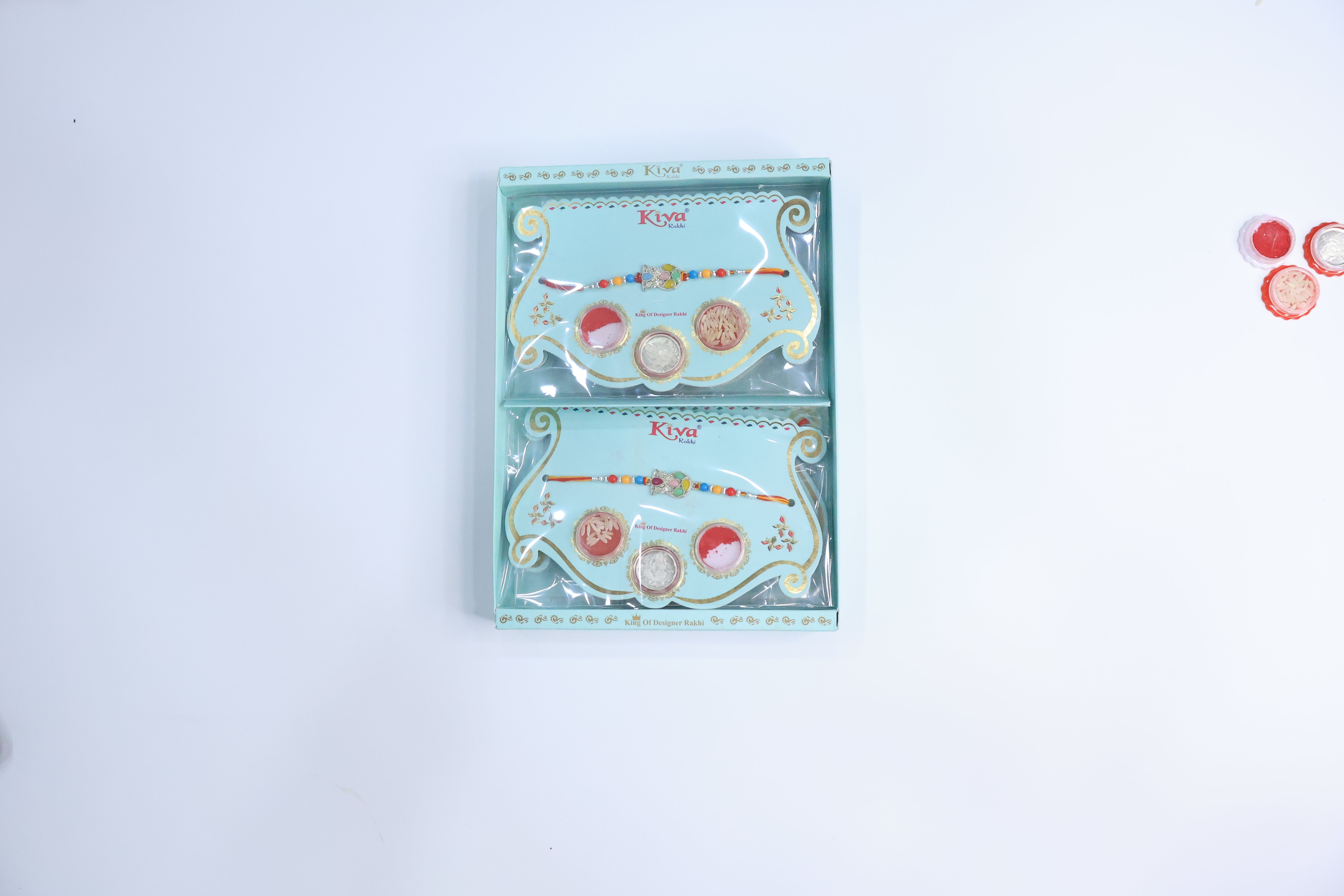 6 Pc Set â€“ Designer Multicolor Rakhi with Beads and Puja Thali Combo (Roli Chawal Included)