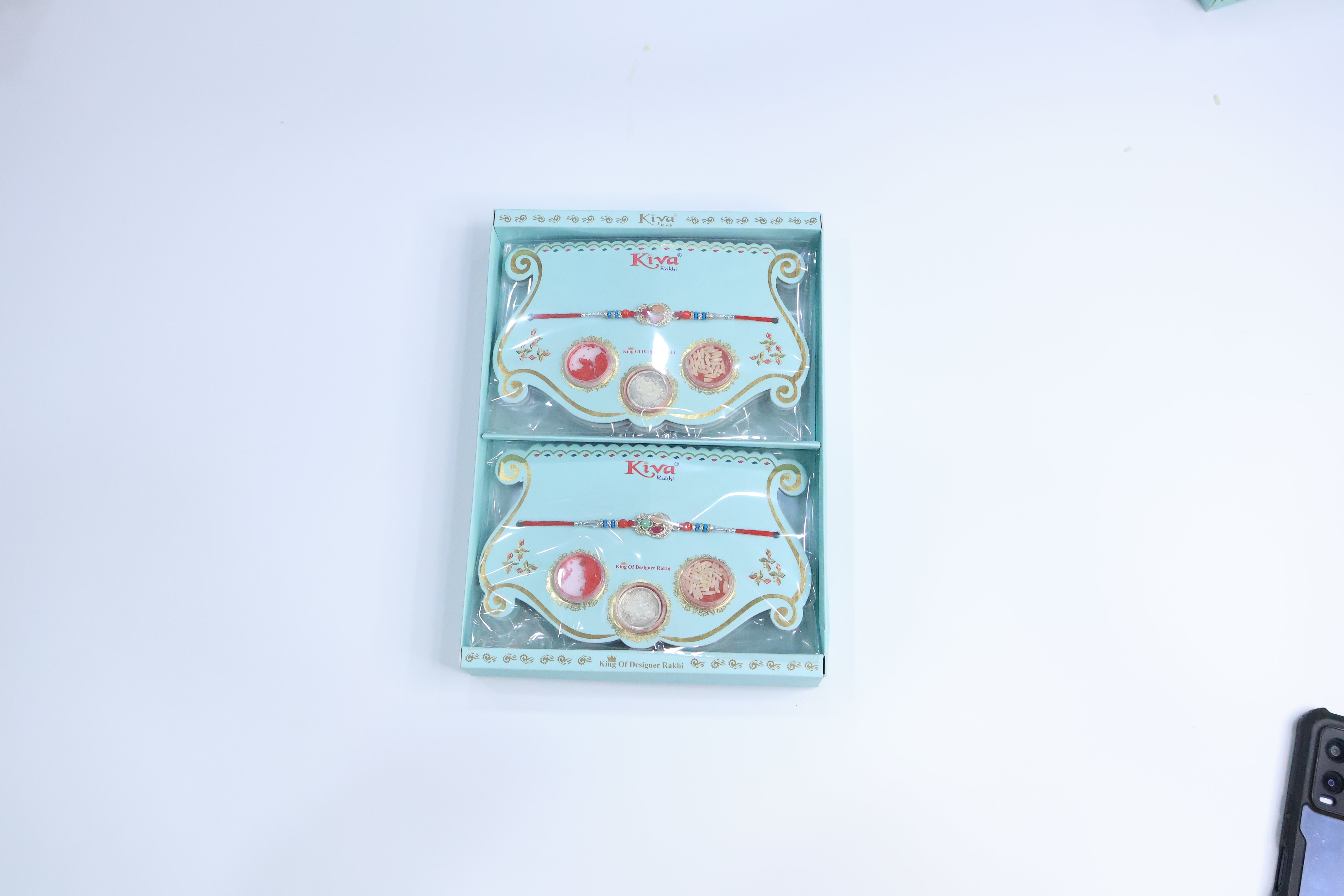 6 Pc Set â€“ Traditional Floral Rakhis with Silver-Green Center & Puja Combo Pack