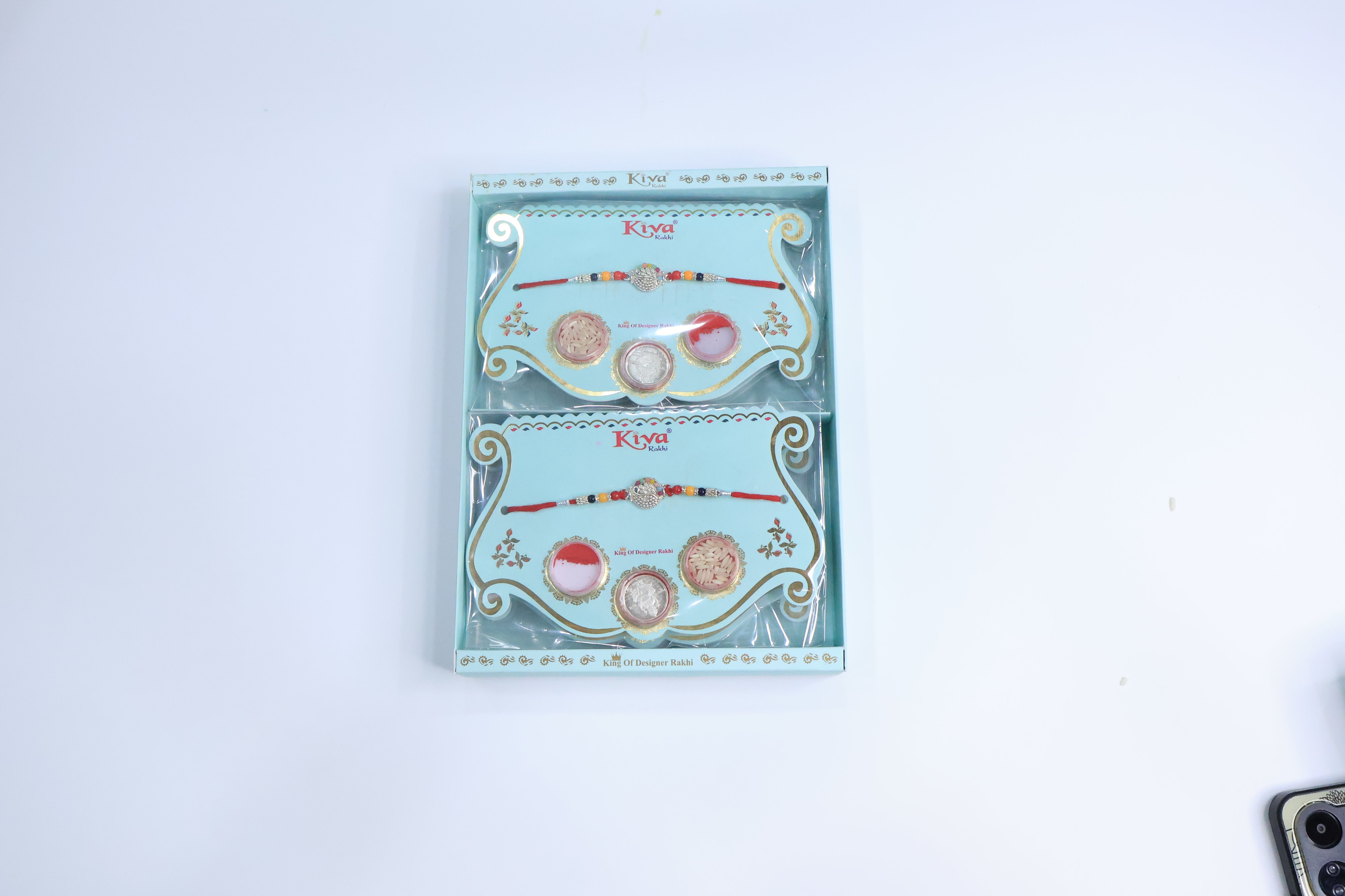 6 Pc Premium Silver Dial Rakhi Set with Multicolor Beads and Traditional Roli Chawal Combo