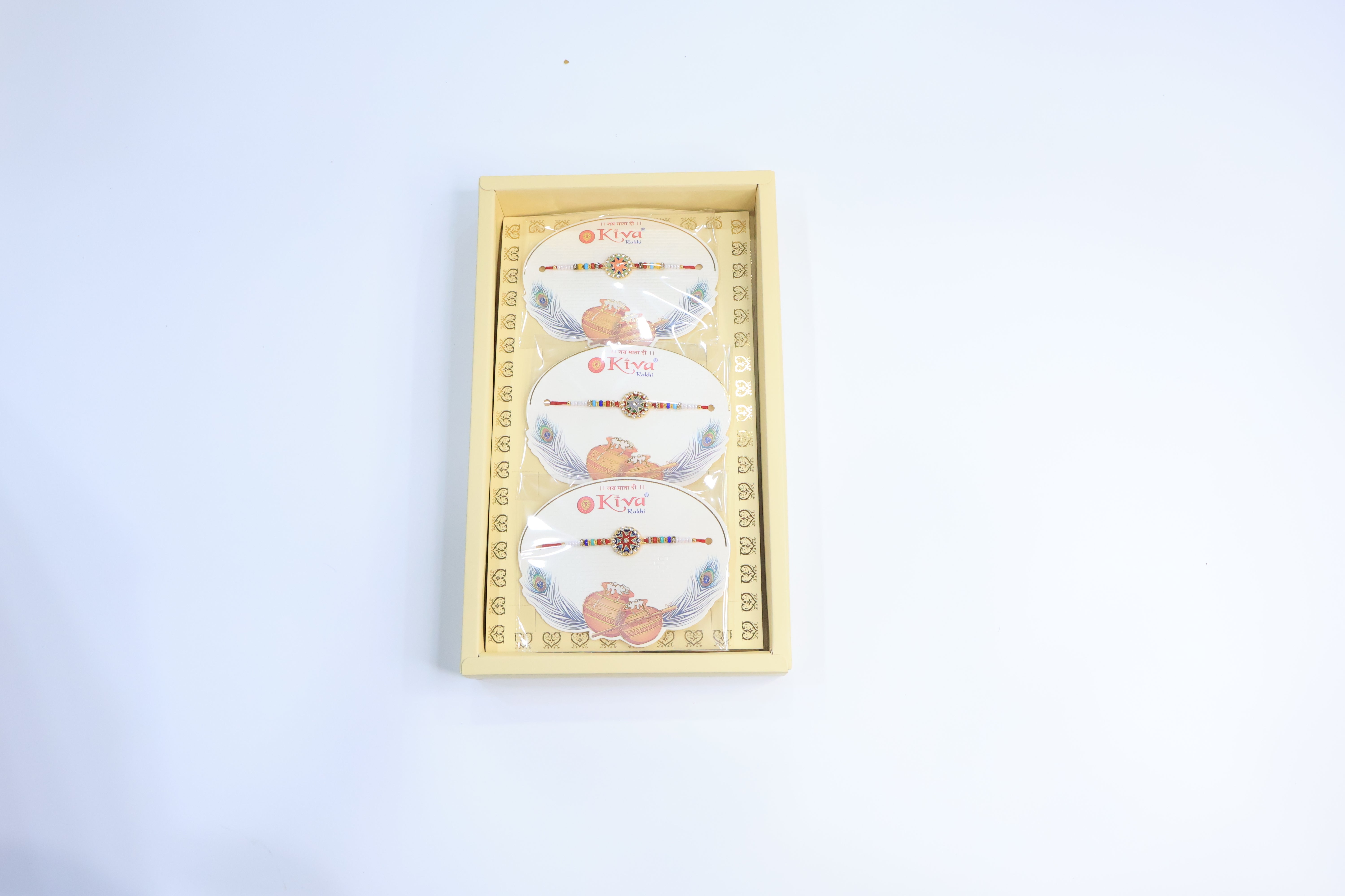 12 Pc Set â€“ Designer Star Motif Rakhi with Multicolor Beads and Stone-Studded Golden Center