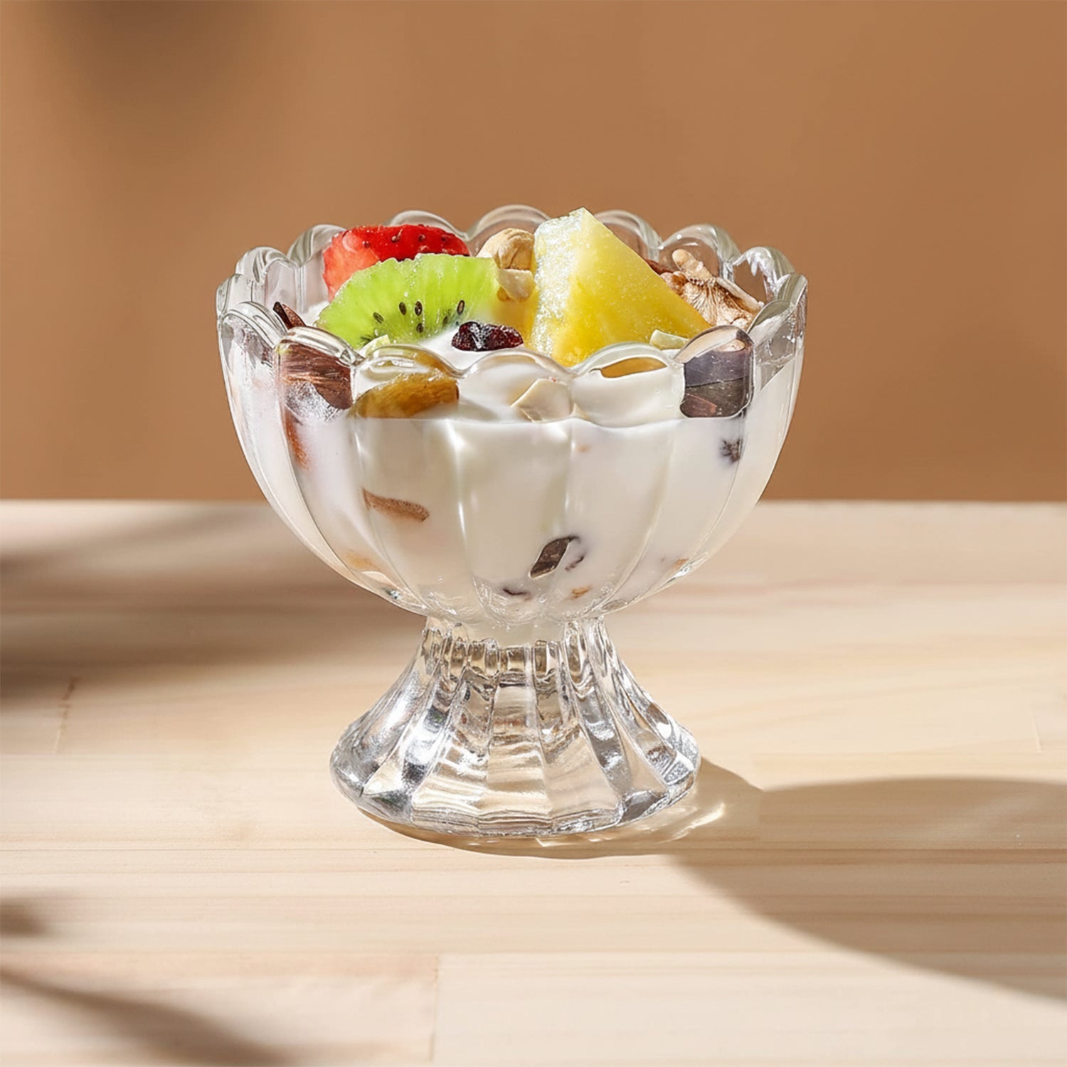 Brown serving dessert bowl showing size and design details
