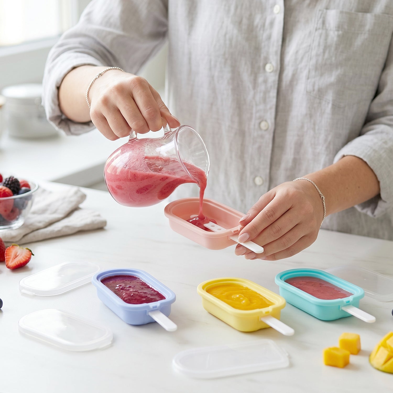 Close-up of silicone popsicle mold with built-in stick