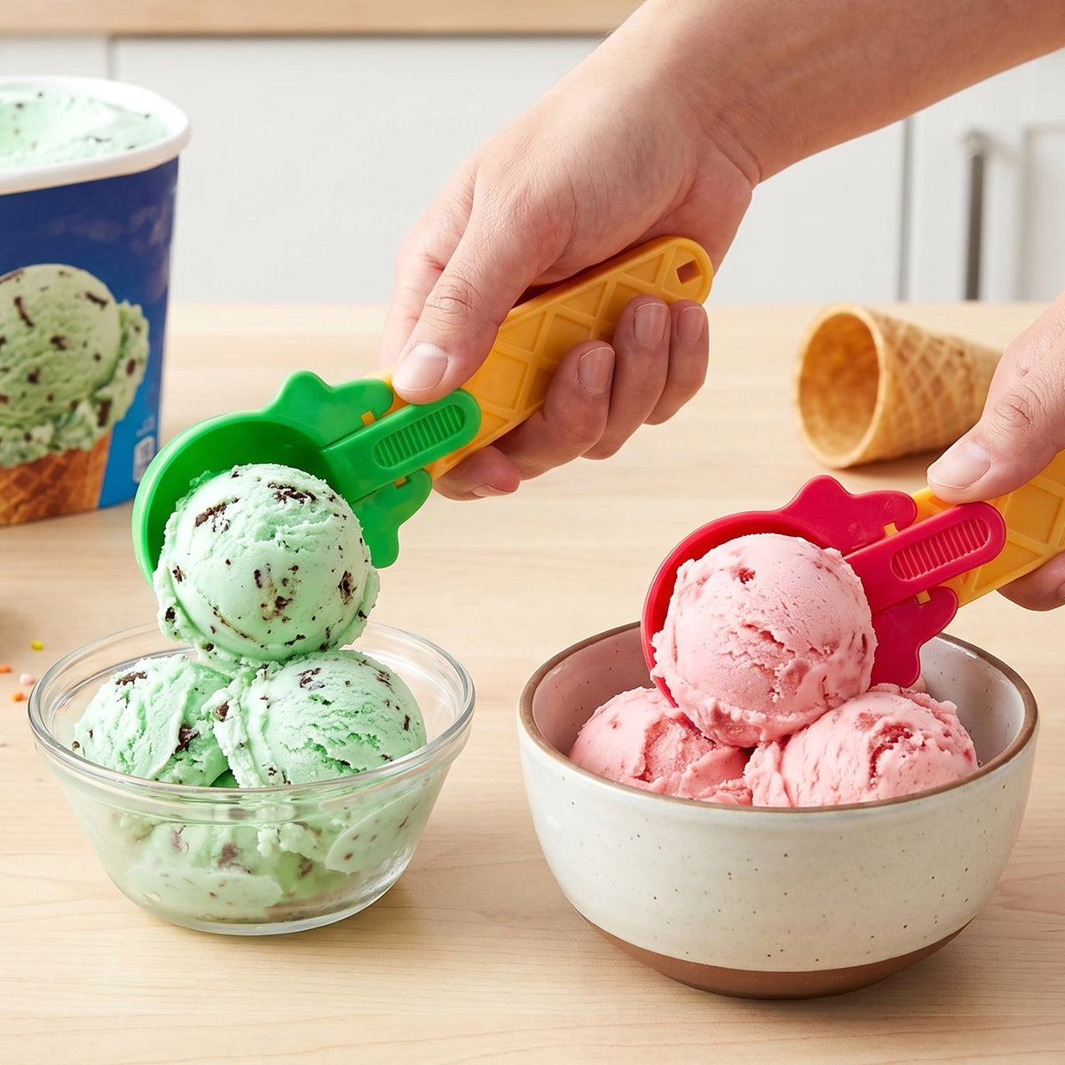 Two plastic ice cream scoops with colorful handles