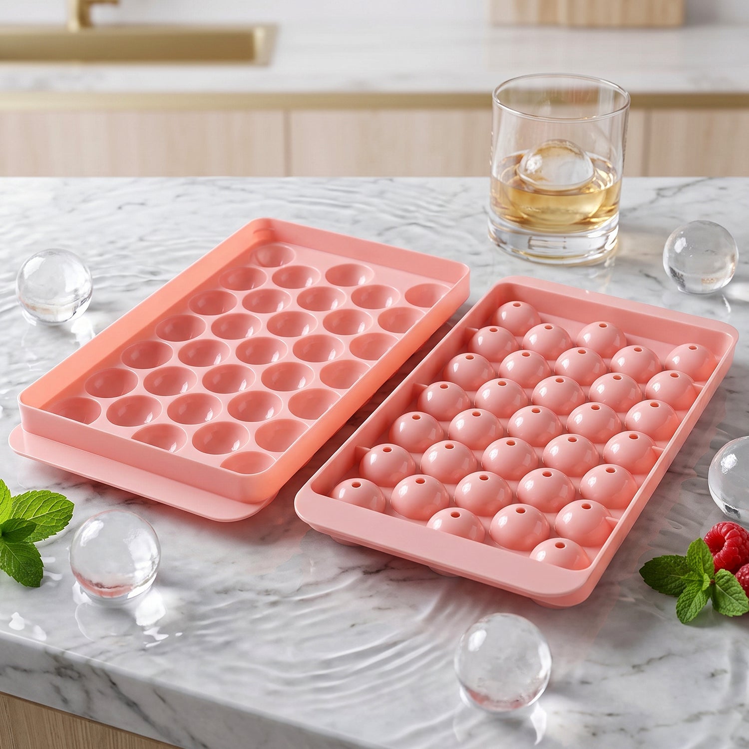 Two pink plastic ice ball trays on a marble counter, one filled with ice balls, next to a whiskey glass.