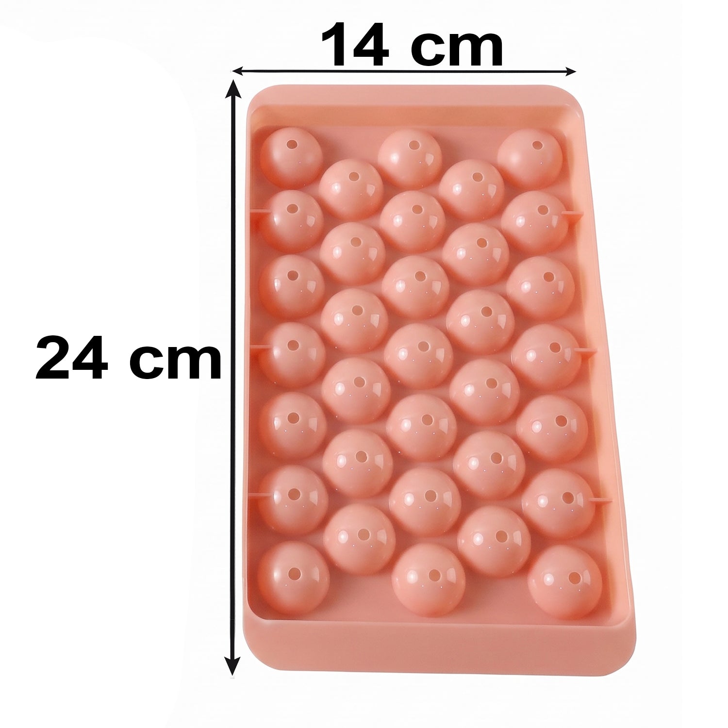 A pink plastic ice ball tray with dimensions 24 cm by 14 cm marked on a white background.
