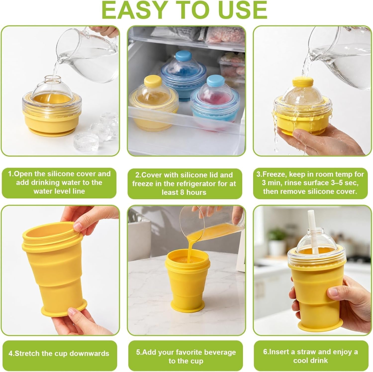 Silicone Foldable Collapsible Travel Cup with Straw and Dome Lid (1 Pc)