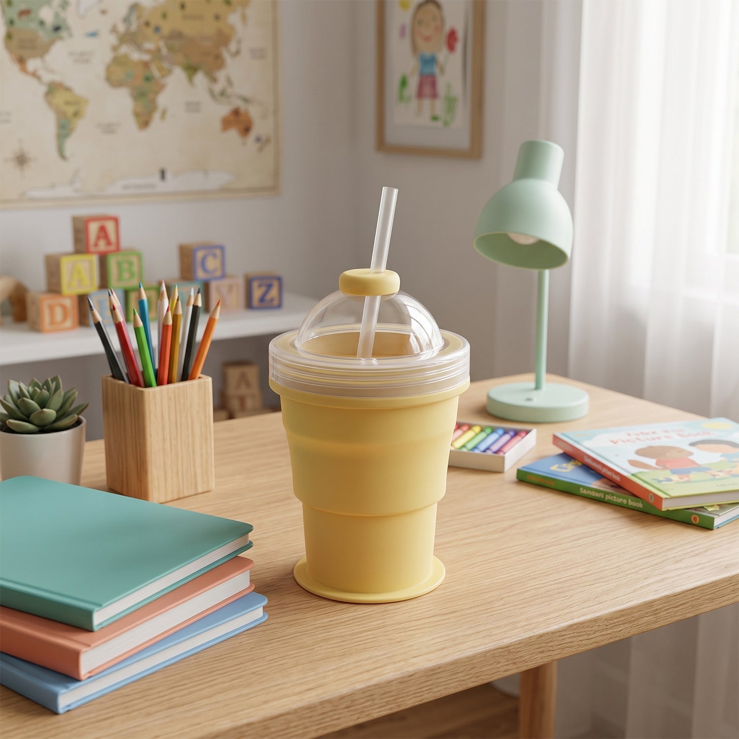 Silicone Foldable Collapsible Travel Cup with Straw and Dome Lid (1 Pc)