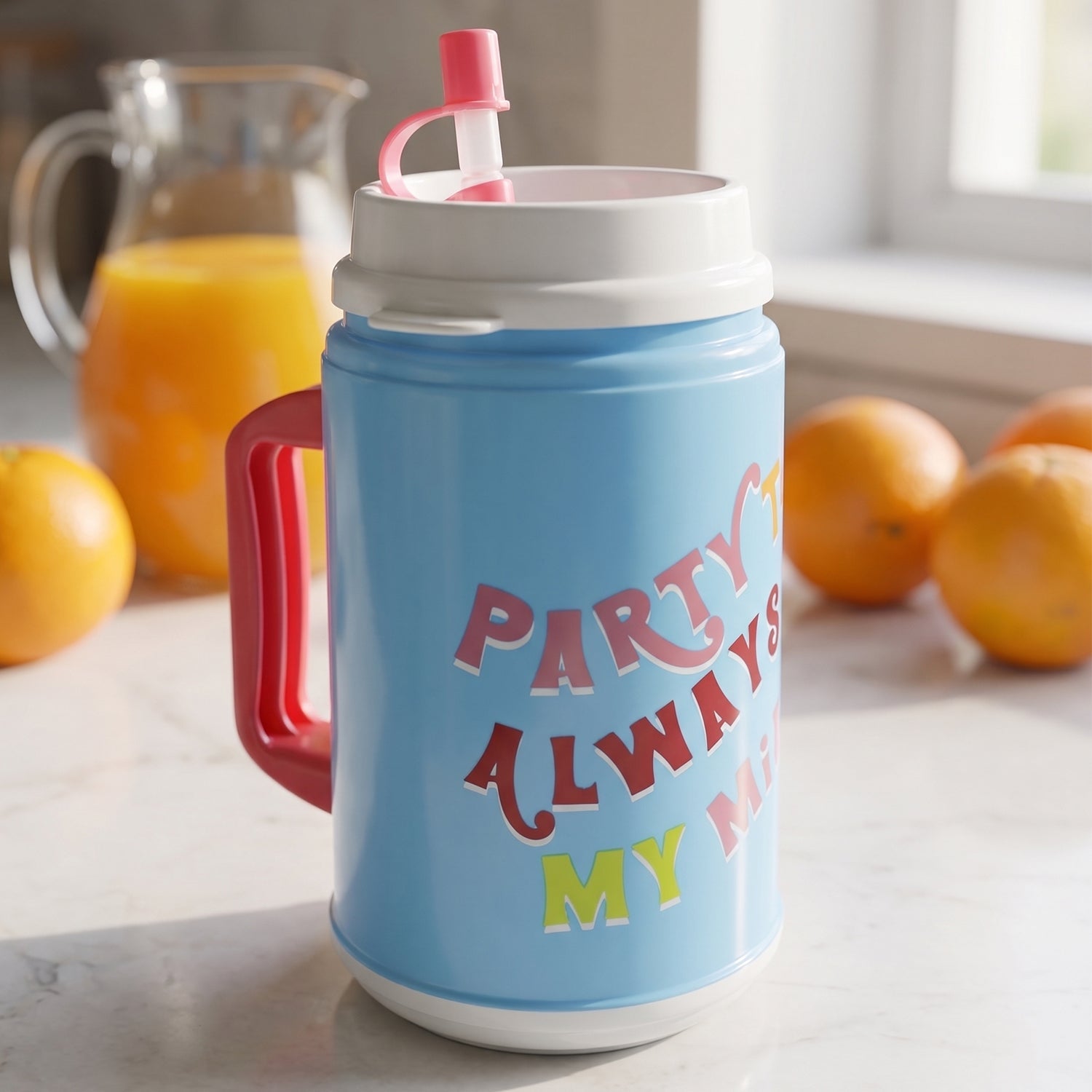 Insulated drinking mug shown with straw