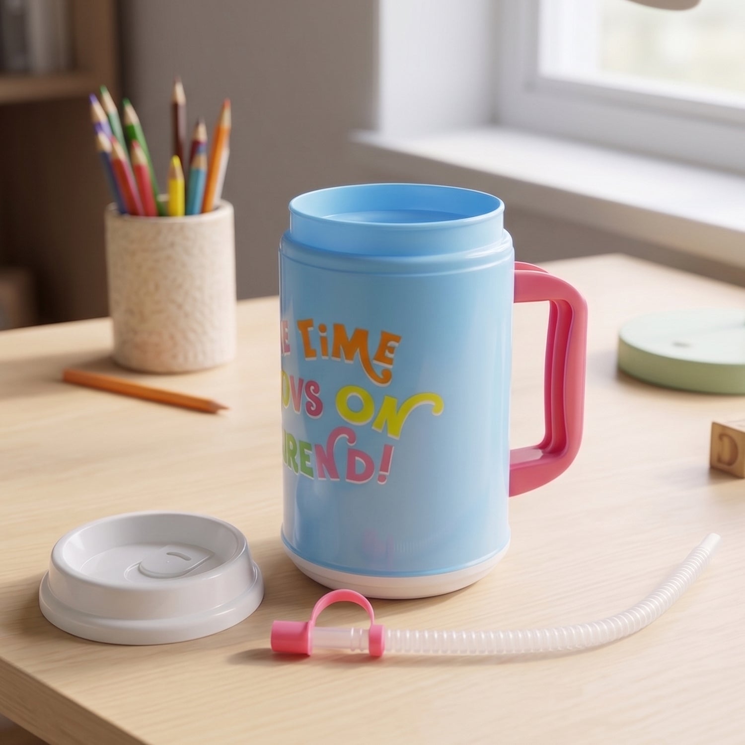 Insulated mug lid and handle close-up