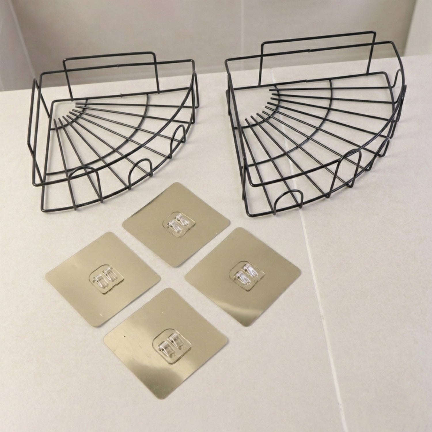 Close-up view of iron shower caddy corner design