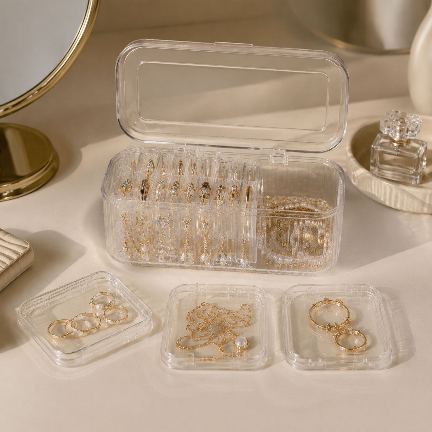 Compact acrylic jewelry storage with removable cases for jewelry organization.