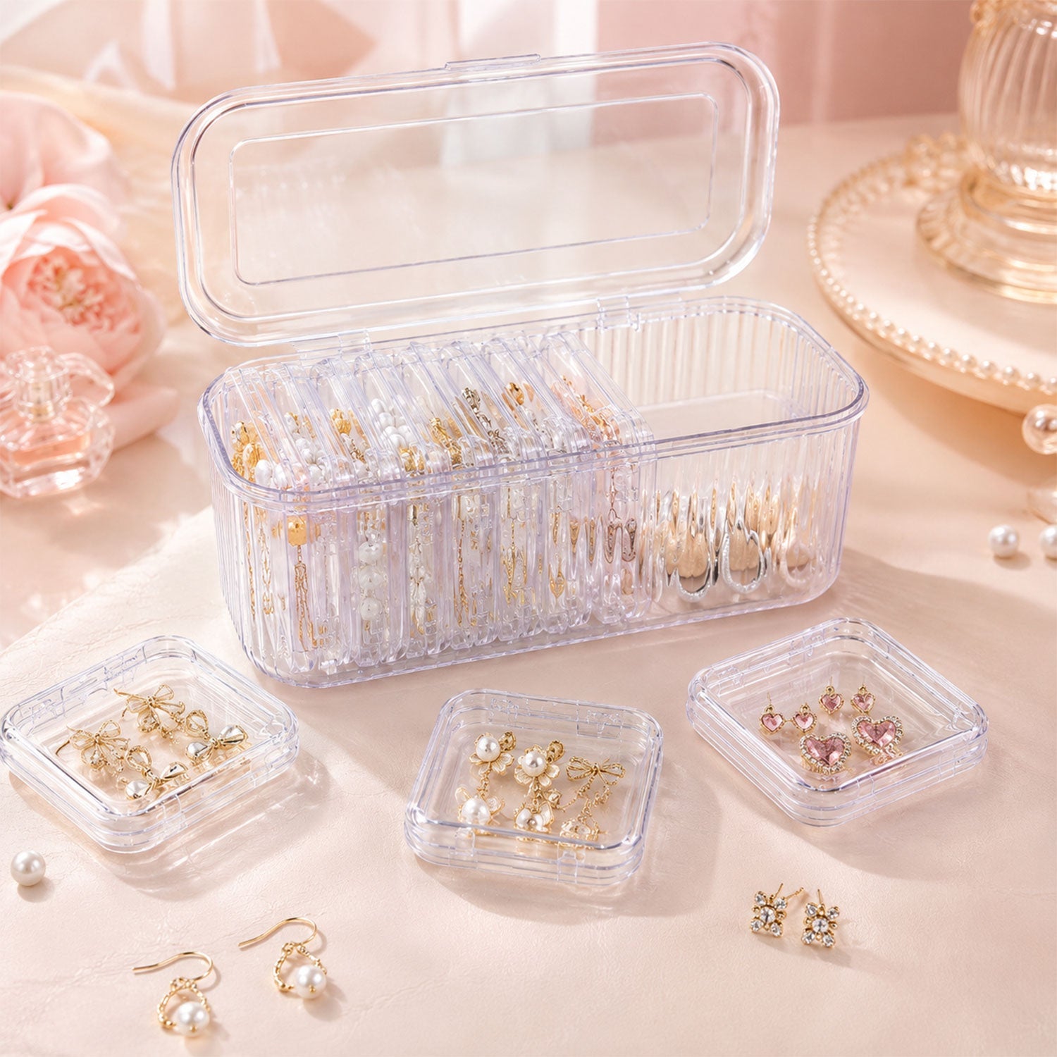 Neat and lightweight acrylic jewelry organiser with hinged lid for travel and everyday use.