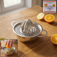 Stainless steel manual citrus juicer with twin handles and ridged reamer cone.