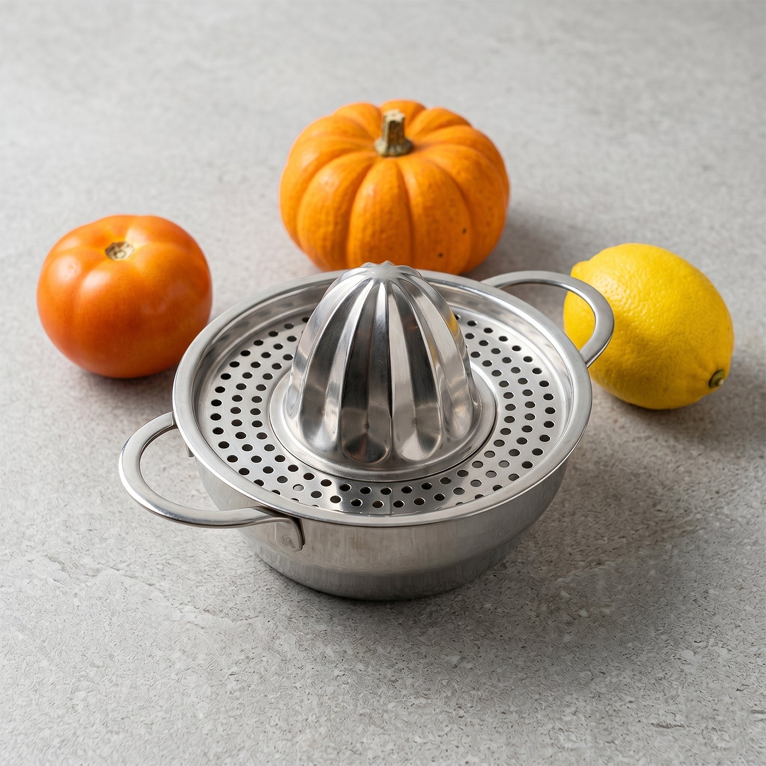 Multiple perspectives of the stainless steel manual citrus juicer showcasing its features.